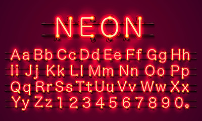 Neon city color red font. English alphabet and numbers sign. Vector illustration