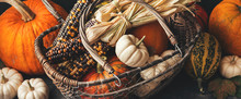 Pumpkins And Corn In The Basket, Close-up