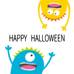 Happy Halloween card. Two screaming monster head silhouette set. Eyes, teeth, tongue, hands. Hanging upside down. Funny Cute cartoon character. Baby collection. Flat design. White background.