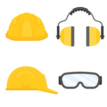Personal Protective Equipment For Industrial Security, Safety Glasses, Helmet, Ear Muffs In Flat Design Vector