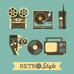 Retro appliances. A set of vector objects. Old TV reel tape recorder, cordless telephone, phonograph, vinyl record, old film camera.