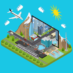 Wall Mural - City on a Laptop Concept Isometric View. Vector