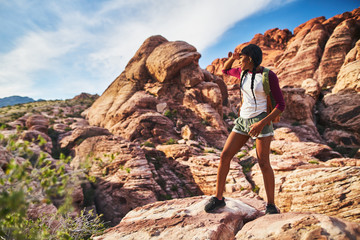 Wall Mural - athletic african american woman standing on cliff edge at red rock canyon park looking at landscape