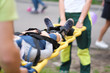 The rescue service evacuates the injured child on stretchers