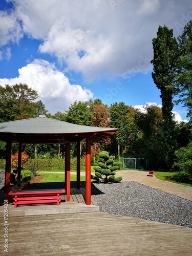 Rote Pagode Im Japanischen Garten Eines Parks In Oelde Bei