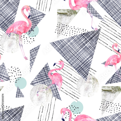 Abstract seamless pattern with watercolor flamingo and textured triangles. Ha...