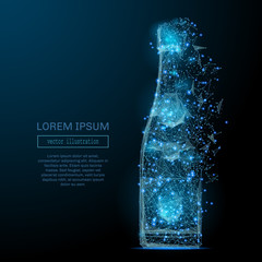 Wall Mural - Abstract image of a bottle of champagne low poly in the form of a starry sky or space, consisting of points, lines, and shapes in the form of planets, stars and the universe. Vector wireframe concept.