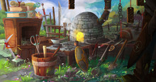 Medieval BlackSmith's Shop. Video Game's Digital CG Artwork, Colorful Concept Illustration, Realistic Cartoon Style Background
