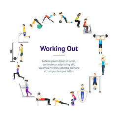 Poster - Cartoon Girl and Boy Workout Exercise in Gym Banner Card Circle. Vector