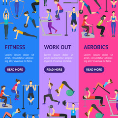 Poster - Cartoon People Workout Exercise in Gym Banner Vecrtical Set. Vector