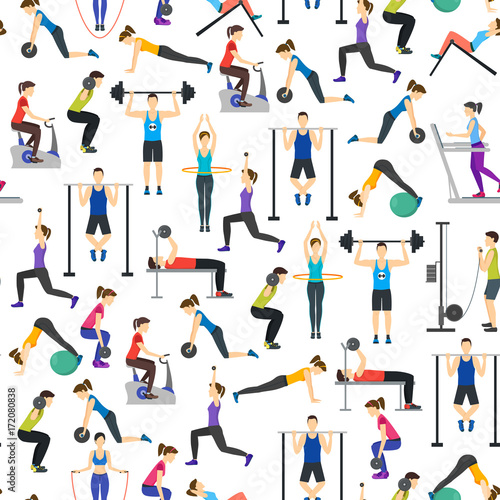 kreskowka-ludzie-treningu-cwiczenie-w-gym-tla-wzorze-na-bielu-wektor
