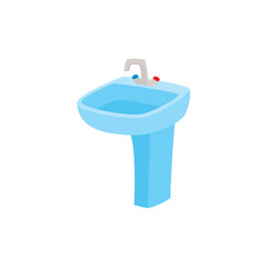 vector flat cartoon ceramic washbasin or sink with metal mixer faucet. Isolated illustration on a white background. Daily routine activities and objects concept