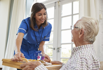 Nurse serving dinner to a senior man in an armchair at home