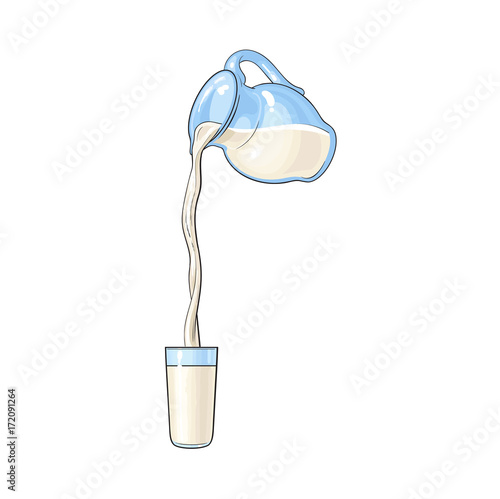 Vector Cow Milk Glass Carafe Pitcher With Flowing Into Cup Milk Isolated Cartoon Illustration On A White Backround Kitchen Glassware Utensil Stock Vector Adobe Stock