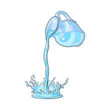 Vector Water Carafe, Pitcher With Flowing Water Splash. Isolated Cartoon Illustration On A White Backround. Kitchen Glassware Utensil