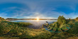 3D spherical panorama with 360 viewing angle. Ready for virtual reality or VR. Full equirectangular projection. Sunrise at the bank of lake. Boats on the bank of lake.