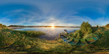 Fototapeta  - 3D spherical panorama with 360 viewing angle. Ready for virtual reality or VR. Full equirectangular projection. Sunrise at the bank of lake. Boats on the bank of lake.