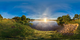Fototapeta  - 3D spherical panorama with 360 viewing angle. Ready for virtual reality or VR. Full equirectangular projection. Sunrise at the bank of lake.