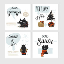 Hand Made Vector Abstract Merry Christmas Greeting Card Set With Cute Xmas Black Cats Character In Winter Clothing And Modern Xmas Calligraphy Phases Isolated On White Background.New Year 2018