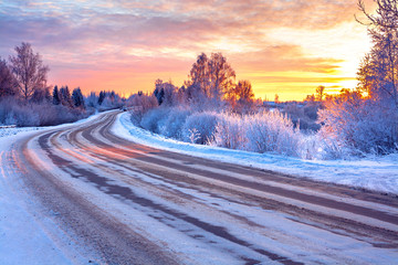 Wall Mural - wintry snowy road in ice