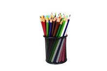 Color Pencils In Black Case On White Background Isolated