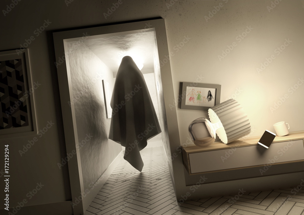 A creepy mysterious ghost spirit moving silently across a hallway inside a family home. 3D illustration concept. - obrazy, fototapety, plakaty 