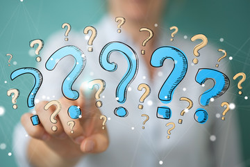 Poster - Businesswoman touching and holding hand drawn question marks