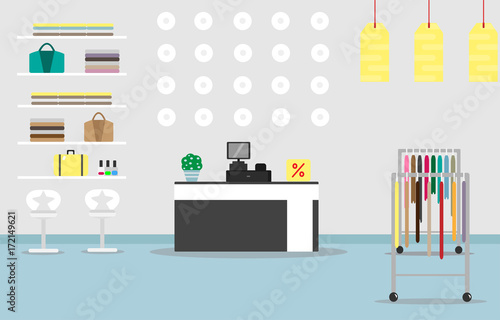 Illustration Of The Interior Of A Clothing Store In A Shopping Center With Hangers Racks Shelves Cash Register And Other Items With Gray Background Buy This Stock Vector And Explore Similar