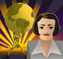 Ayn Rand Objectivist Libertarian Writer Author Face Cartoon Portrait And Atlas Titan Shrugged Holding The Globe