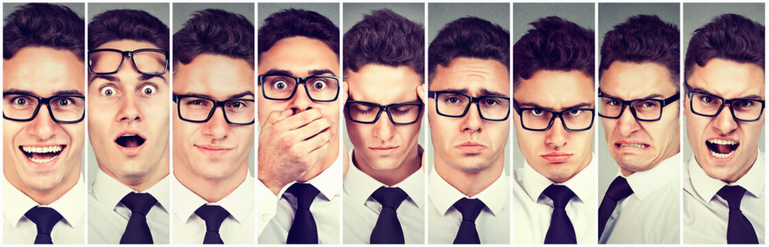 mood swings. man changing emotions from happy to getting angry