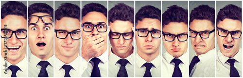 Fotomural Mood swings. Man changing emotions from happy to getting angry