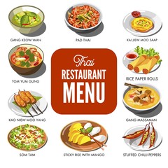 Wall Mural - Thai cuisine food traditional dish vector icons for Thailand restaurant menu