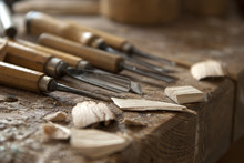 Close Up Of Sculptor Tools On Wood