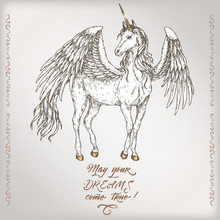 Romantic Vintage Birthday Card Template With Calligraphy And Winged Unicorn Sketch.