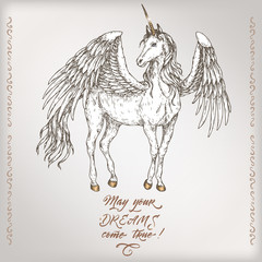 Romantic vintage birthday card template with calligraphy and winged unicorn sketch.