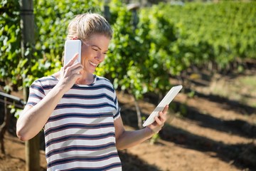 Female vintner using digital tablet while talking on mobile