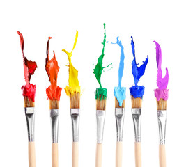 Canvas Print - Brushes with colorful paints, isolated on white