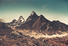 Himalayas Mountain Landscape. Trekking In Nepal. Magnificent Views Of The Mountain Range Peak With Glacier. Picturesque And Gorgeous Scene. Cross Processed Retro And Vintage Style Toning Effect