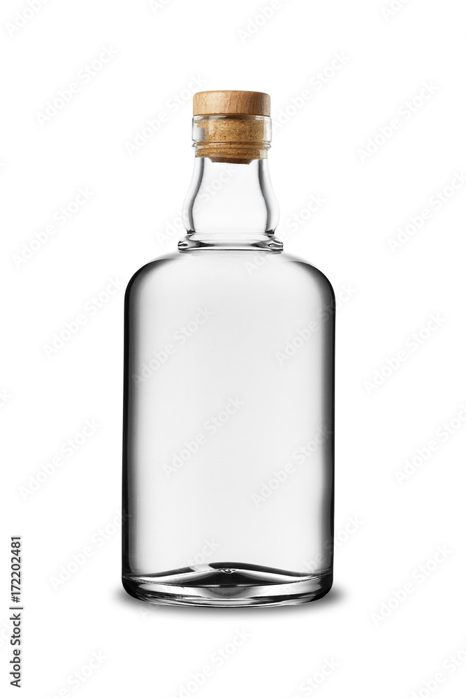 Glass bottle of white alcoholic beverage with cork without label - obrazy, fototapety, plakaty 