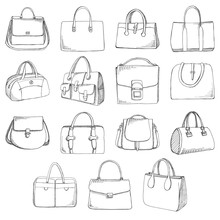 Set Of Different Bags, Men, Women And Unisex. Bags Isolated On White Background. Vector Illustration In Sketch Style.