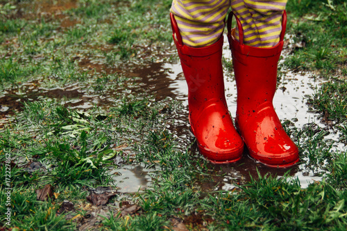 Загрузить Child's feet in red rain boots on muddy grass фотографию...