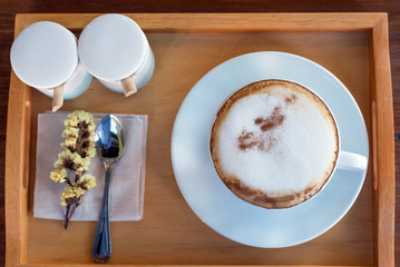 Wall Mural - set of coffee, cappuccino in white coffee cup on wood table, coffee time