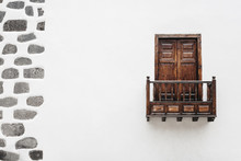 Wooden Window Door And Balcony In A White Wall. La Palma, Canary Island.