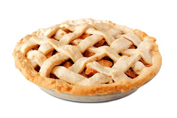 Wall Mural - Homemade apple pie with lattice pastry isolated on a white background, side view