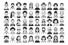 Large Collection Of Male And Female Cartoon Characters Or Avatars With Different Hairstyles And Accessories Hand Drawn With Contour Lines In Black And White Colors. Monochrome Vector Illustration.