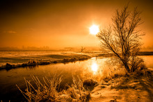Winter River Landscape, Moody Scenery With Morning Sun Reflection In The Water