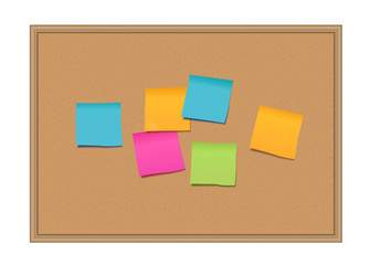 Wall Mural - Vector cork board with wooden frame and colorful blank post it notes isolated on white background