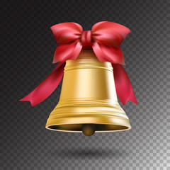 Christmas golden bell with red ribbon and a bow isolated on transparent background. Realistic vector illustration