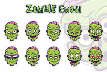 Zombie Emoji Symbols Set. Green Zombie Cartoon Head Sticker With Different Emotions. Funny Spooky Halloween Character Isolated On White. Elements For Your Design. Vector Illustration.