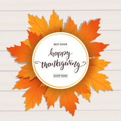 Wall Mural - happy thanksgiving . sale banner for thanksgiving day. hand lettering on the wooden background with 